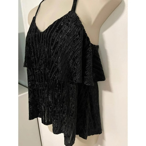 Black velvet halter top with pleats, ruffles, and tie-back straps size M #0258 - Picture 3 of 6